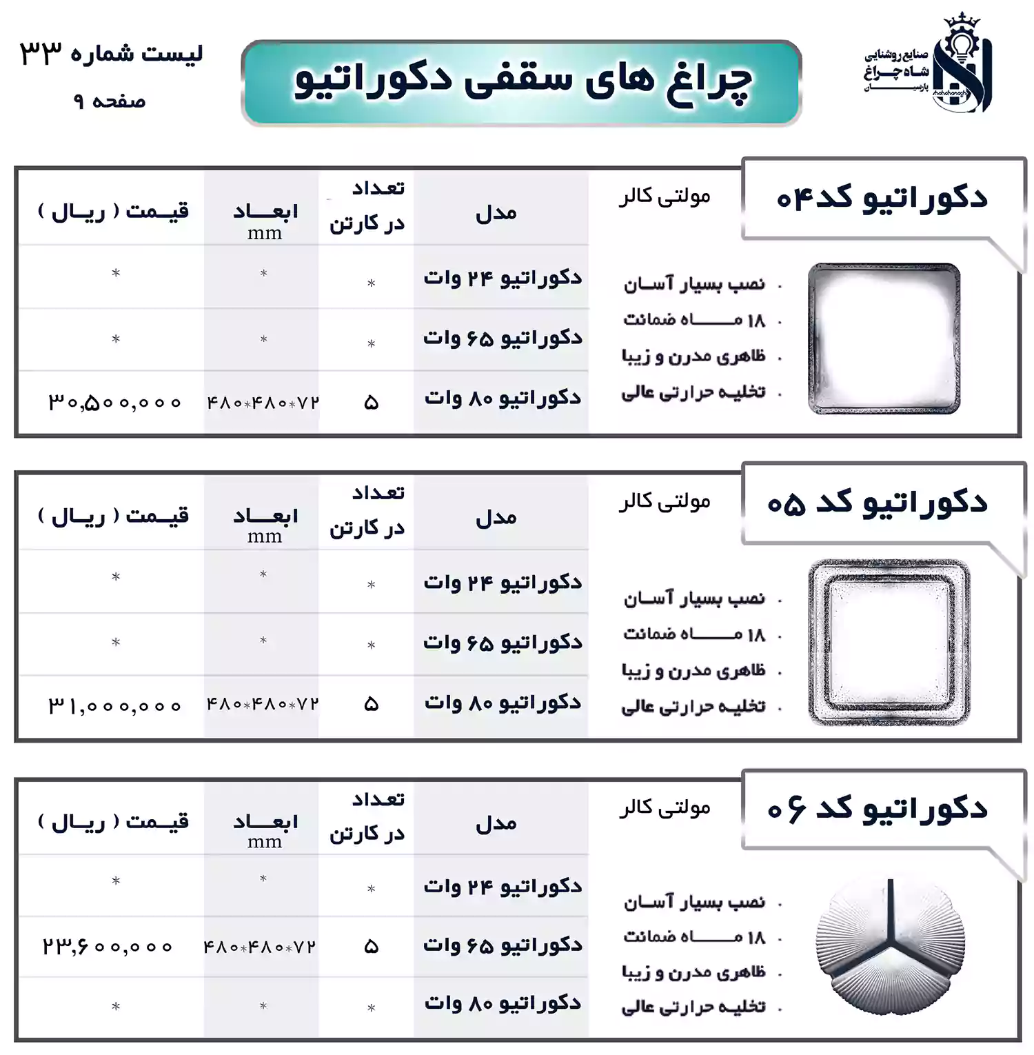 لیست قیمت محصولات شاهچراغ