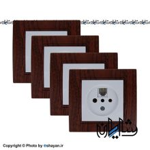 کلید و پریز پارت الکتریک سفید با قاب آذین طرح چوب بازه چوب